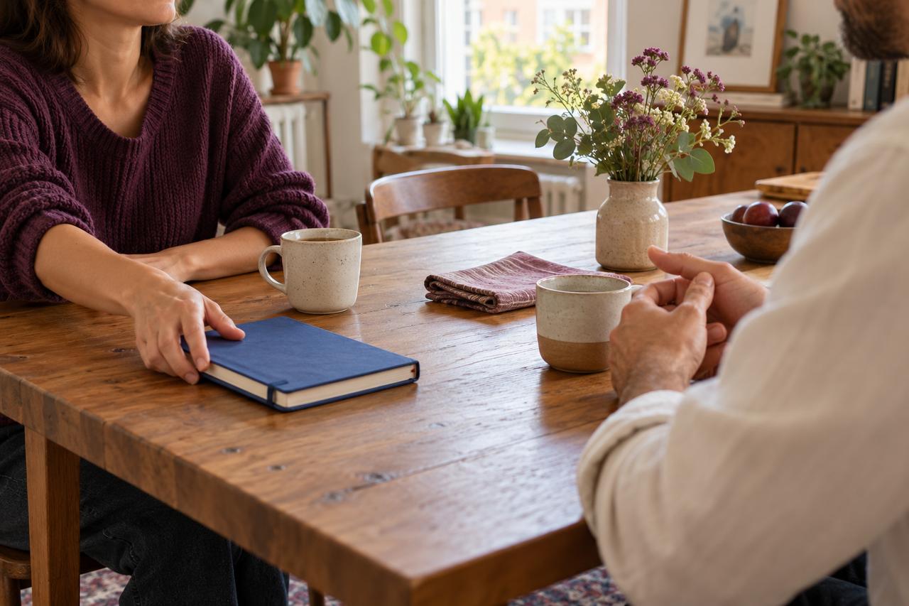Dos personas conversan frente a frente en una mesa de madera, junto a dos tazas y un cuaderno azul cerrado.
