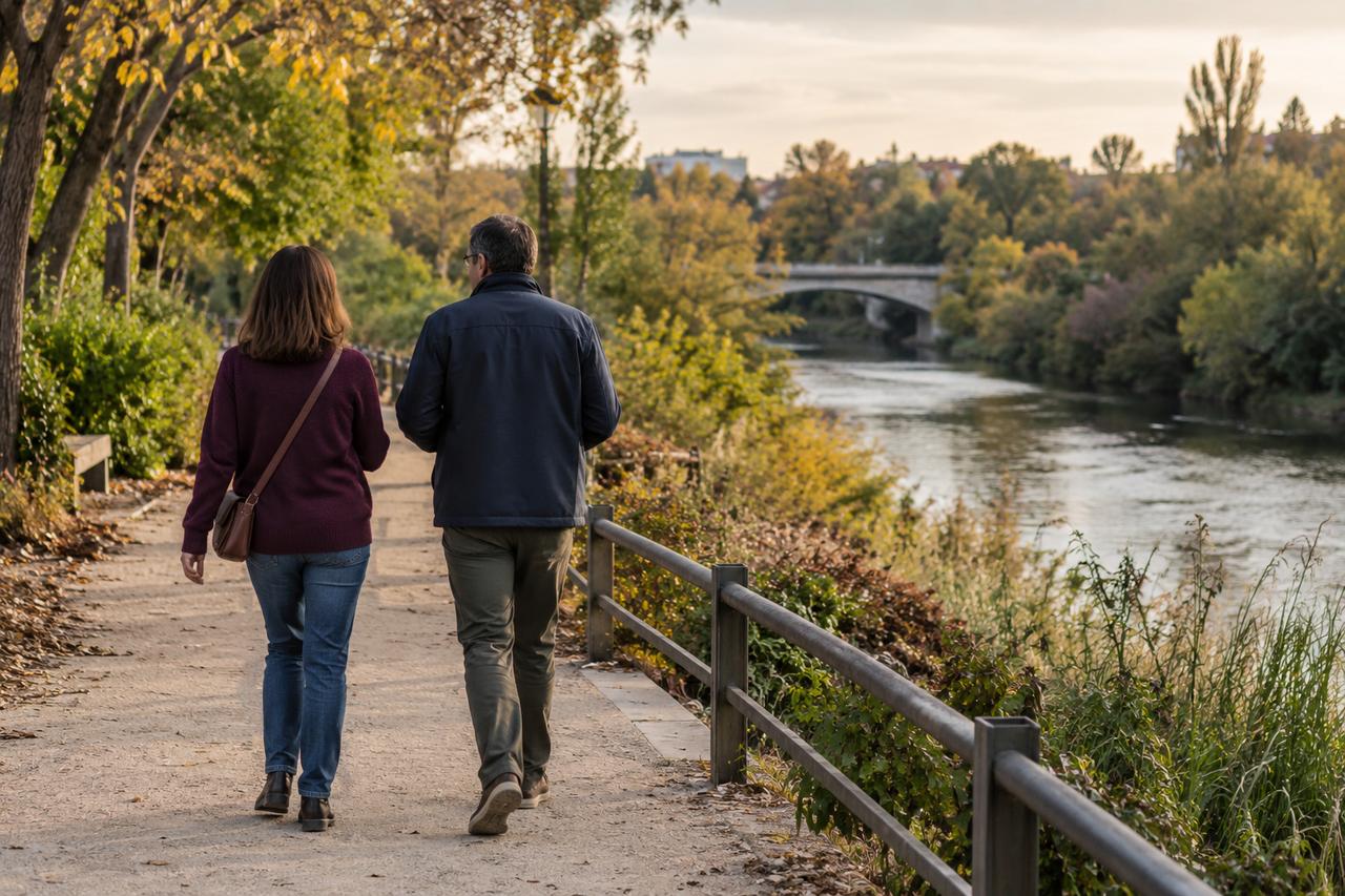 Dos personas vistas de espaldas caminan por un sendero junto a un río, entre árboles de otoño.