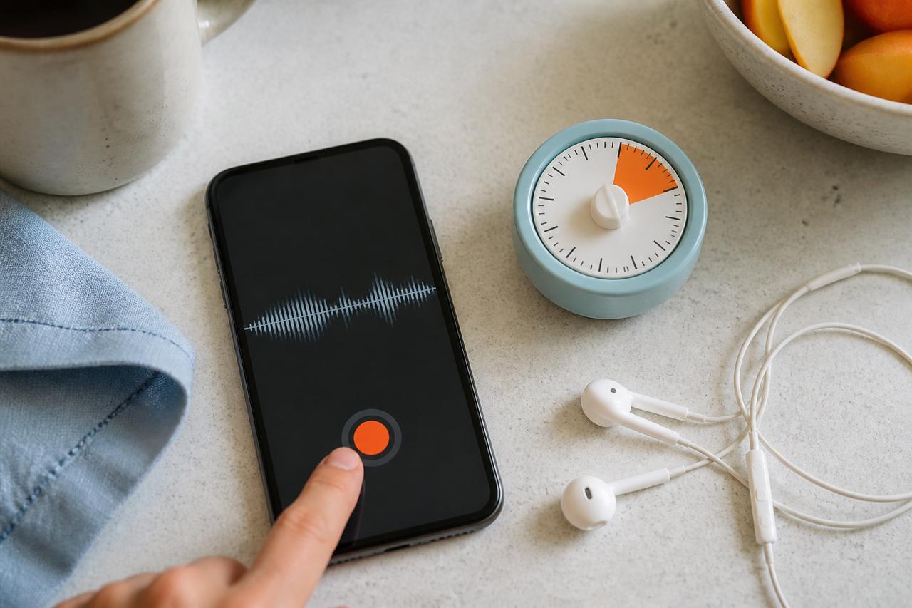 Onda de audio breve con tema, pregunta y datos escritos.